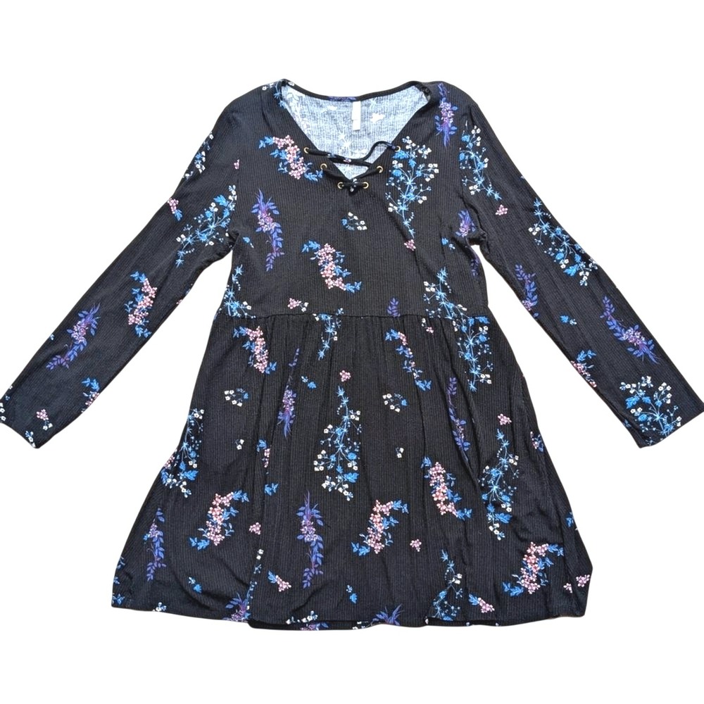 Xhilaration Dress Plus XXL 2X Black Floral Skater Peasant Boho Chic Long Sleeves